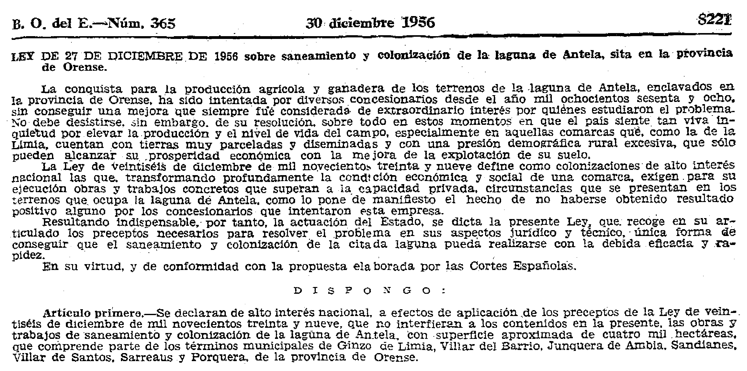 Lei de 1956 para o desougamento de Antela