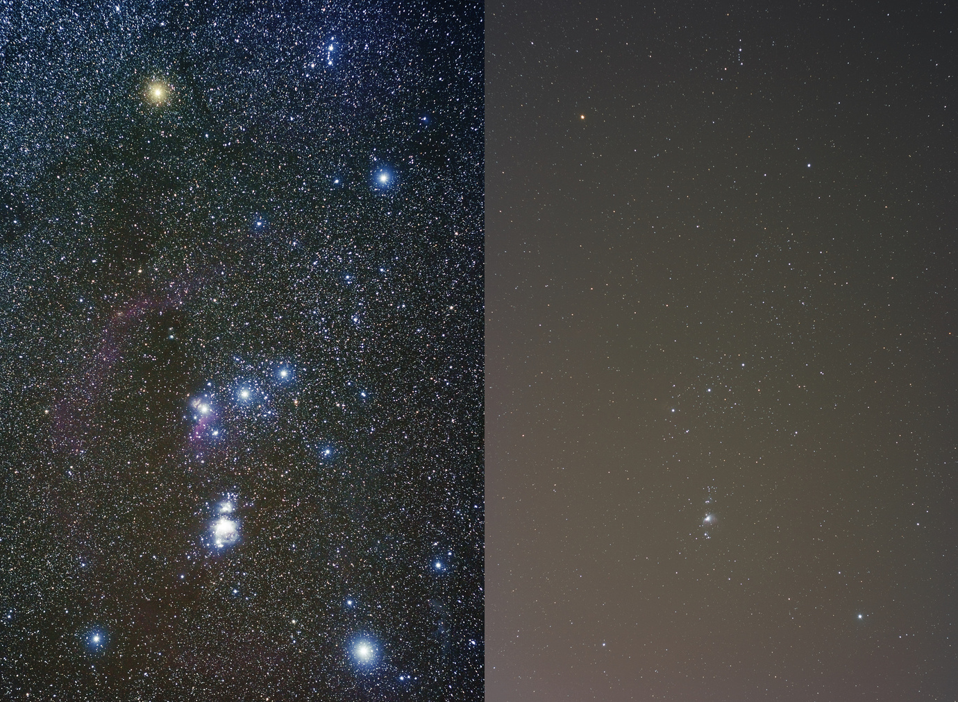 Constelación de Orión sen e con contaminación lumínica